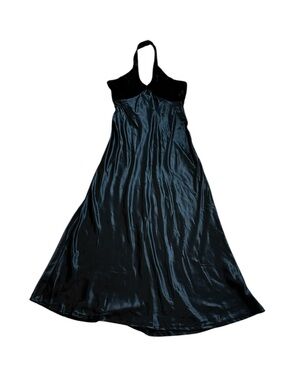 Vintage 90s LA Glow Satin Velvet Maxi Halter Dress Black Prom Dark Romance